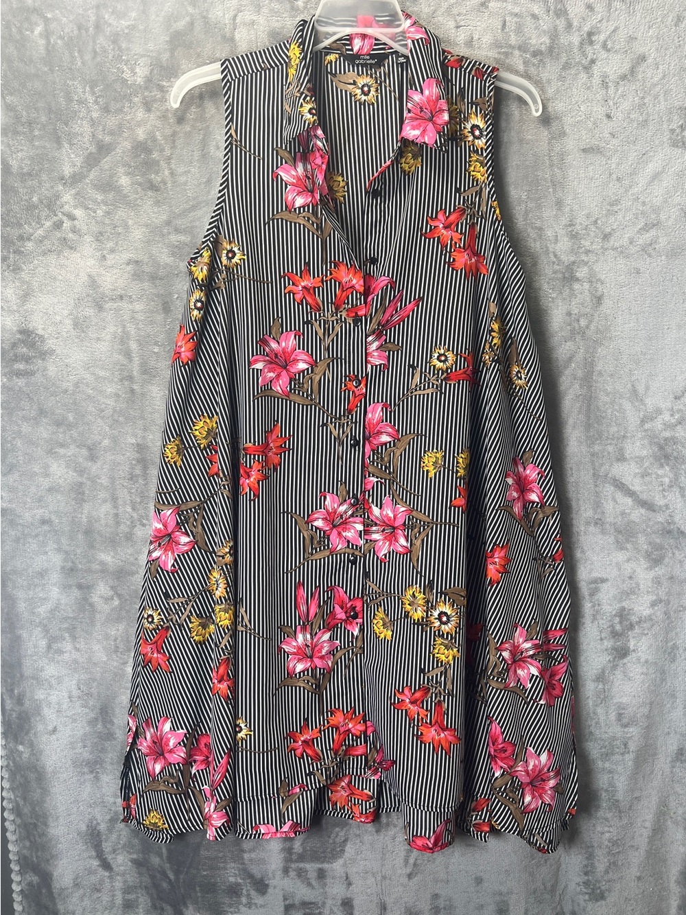 Mlle Gabrielle Black White Striped Top with Pink Red Yellow Floral Print
